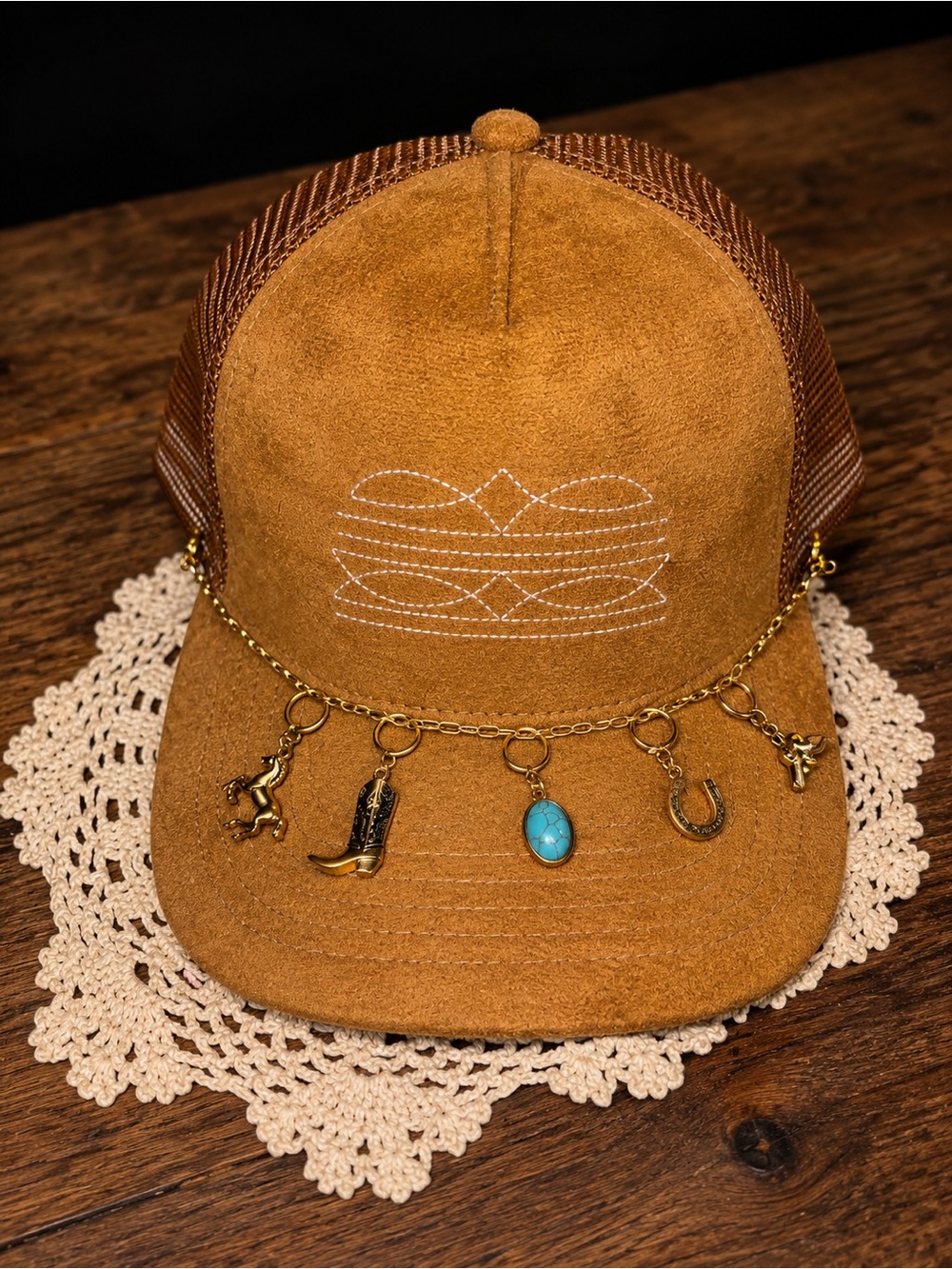 Western Charm Brown Suede Cap with Gold Charm Chain